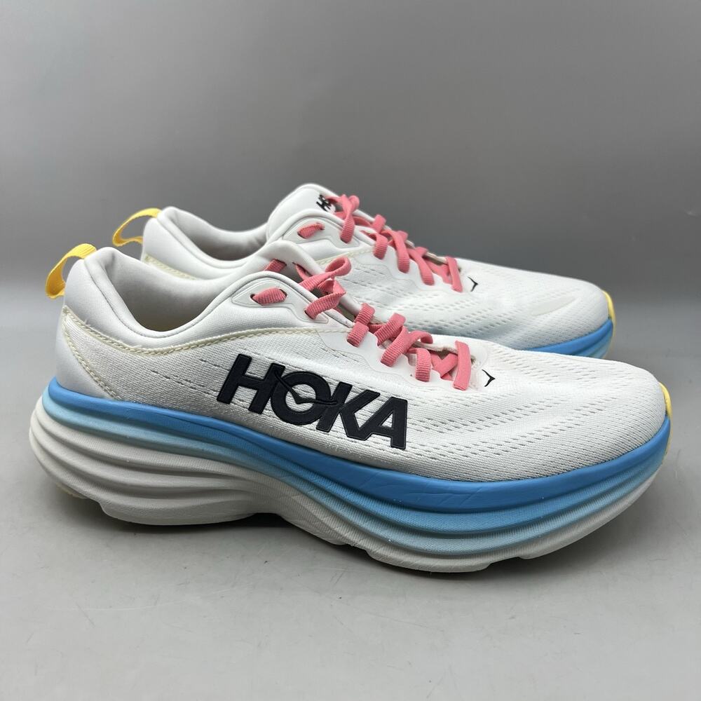 Hoka One One Bondi 8 Running Shoes Women Size 9.5 D White Blue Comfort Sneakers